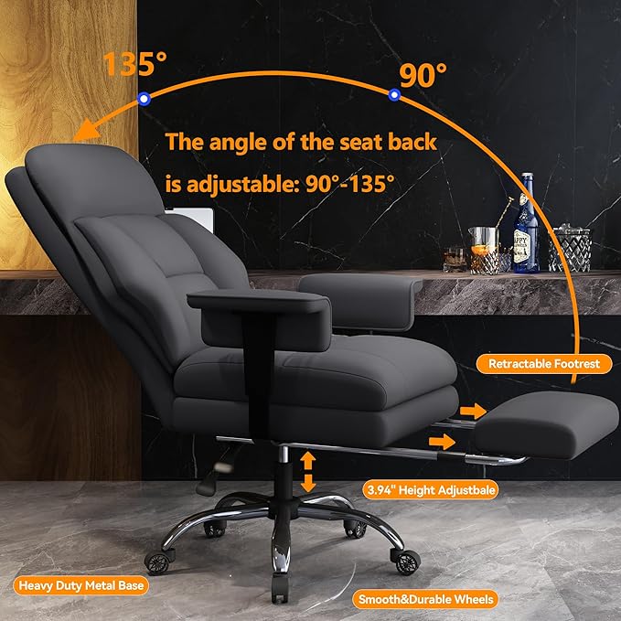WXJHL Office Chair with Leg Rest, Leather High Back Executive Office Chair with Wheels, Ergonomic Desk Chairs with Lumbar Support for Home Office, Gray