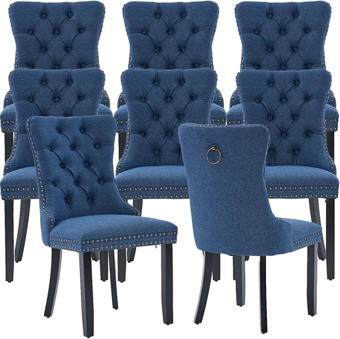 YeahFurn Blue Mid Century Modern Dining Chairs Set of 8, Linen Upholstered Kitchen & Dining Room Chairs with Nailhead Trim & Solid Wood Legs, Elegant Sillas De Comedor (Blue, 8 Pcs)