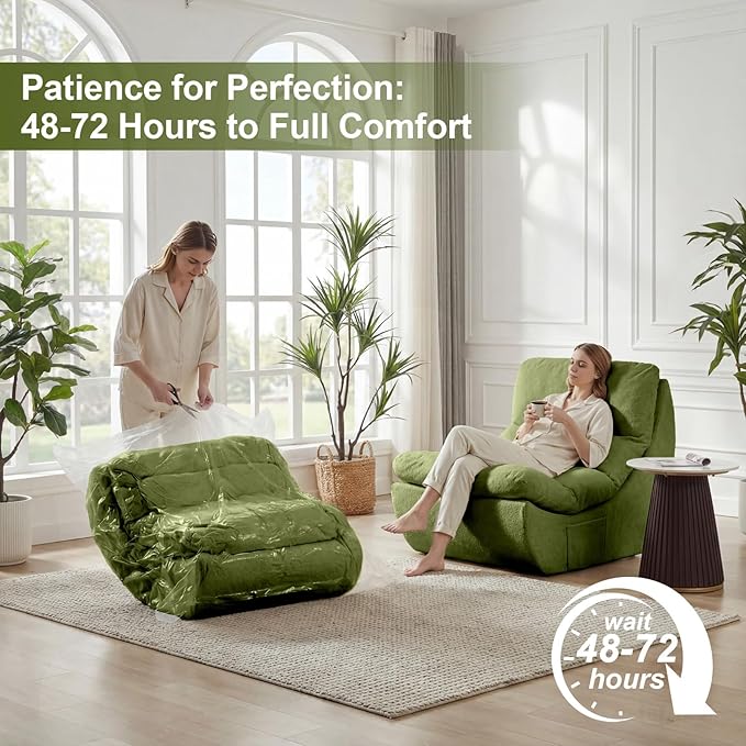 Comfy Reading Chair for Adults, Modular Sectional Sofa Bean Bag Chair, Cloud Boneless Couch Style with High Rebound Foam, Single Seat Compressible Sofa for Living Room & Bedroom, Green