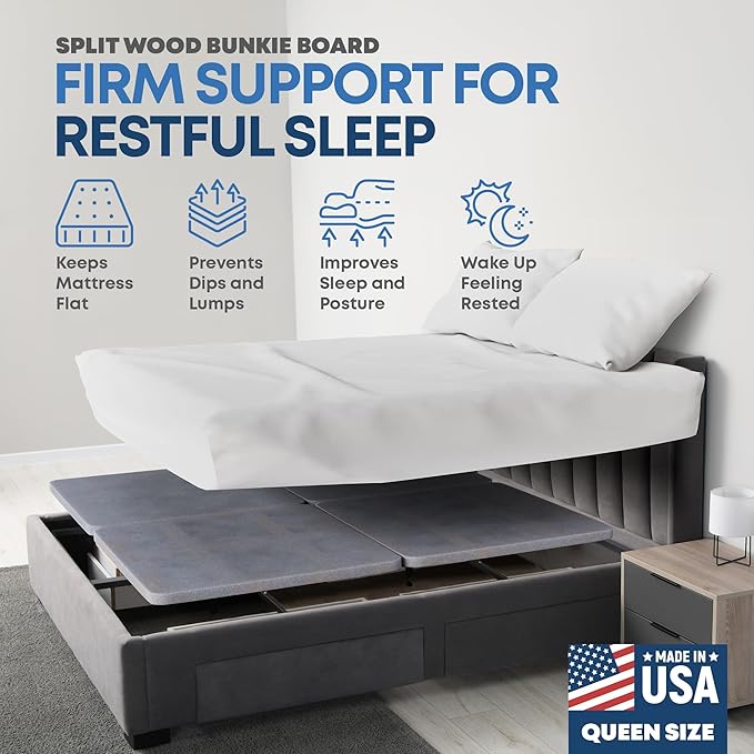Greaton, Premium 38mm Split Wood Bunkie Board for Queen Size Bed - 4-Piece Under Mattress Support Board, Fully Assembled, Fabric Ventilation Cover - Replaces Wooden Slats or Box Spring for Bed Frames