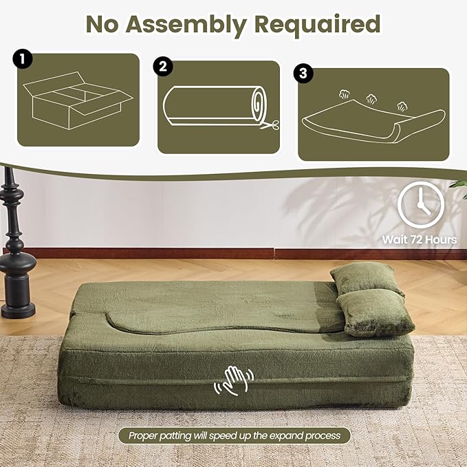 Orynveela Convertible Folding Sofa Bed, 71” Single Size Floor Sleeper Couch, Chenille Full Foam Futon Loveseat for Living Room Bedroom, No Assembly Required (Green)
