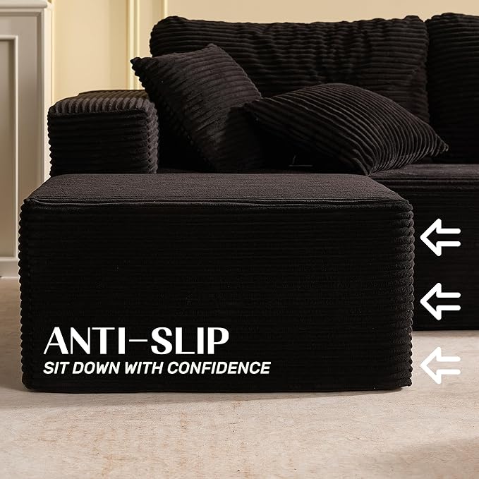 Afuson 107" Boneless Couch with Deep Seat, Modular Sectional Sofa, Cloud Sectional Couch for Living Room, No Assembly Required, Corduroy, U-Shape 3 Seater Right, Black