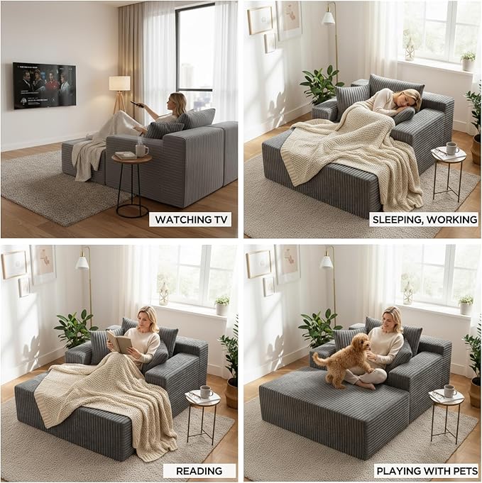 Sytopia Chaise Lounge with Armrests, Oversized Sofa Bed with 3 Pillows, Cozy Boneless Couch, Sleeper Reading Chair for Living Room Bedroom, Floor Sofa Corduroy, Furniture Sala, Urban Grey