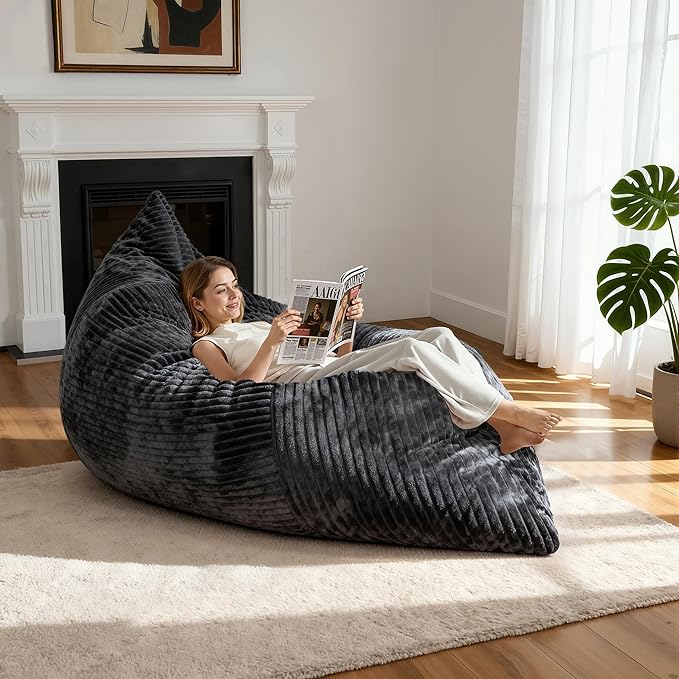 nalone 4-in-1 Giant Bean Bag Chair for Adults, 6.4 FT Memory Foam Filled Beanbag Chair, Floor Sofa Bed with Fluffy Washable Flannel Cover, Lounge Couch for Bedroom, Living Room (Grey)