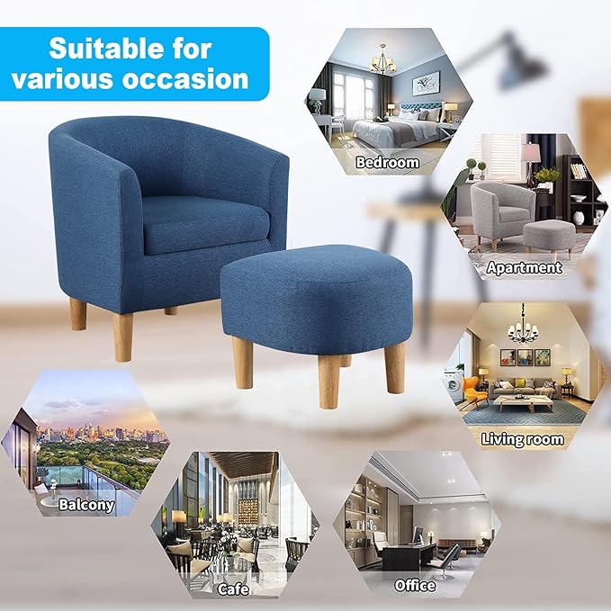 DAZONE Accent Chair, Mid Century Modern Chair with Ottoman, Comfy Arm Footrest Set Comfortable Living Room Chairs Upholstered Barrel Round Club Tub Sofa for Bedroom Reading Room, Blue Set of 1