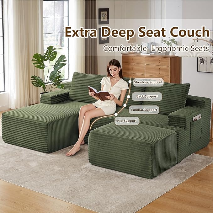 96" U-Shape Cloud Couch, Modern Modular Sectional L-Shape Sofa with Ottoman, Corduroy Upholstered Couches Deep Seat Sleeper Chaise Longue for Living Room, No Assembly Required(Green, Left Facing)
