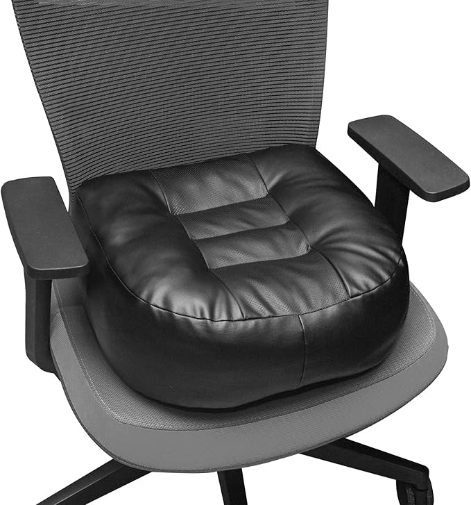 YOUFI Leather Seat Cushion Extra-Thick Booster for Office Chair to Rise Height - Full Filling for Support - with Breathable Cover, Handle and Buckle - Relieves Back Pain – 18"x16"x6" (Black)