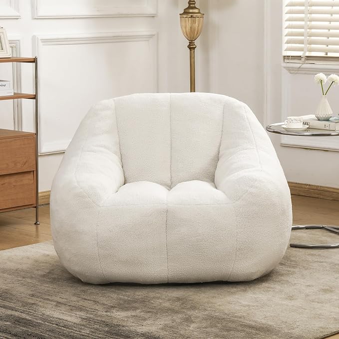 Setawix Bean Bag Chair with Filler, Comfy Teddy Bean Bag Chairs for Adults and Kids, Cozy BeanBag Sofa Fully Floor Couch with Memory Foam for Living Room Bedroom,White