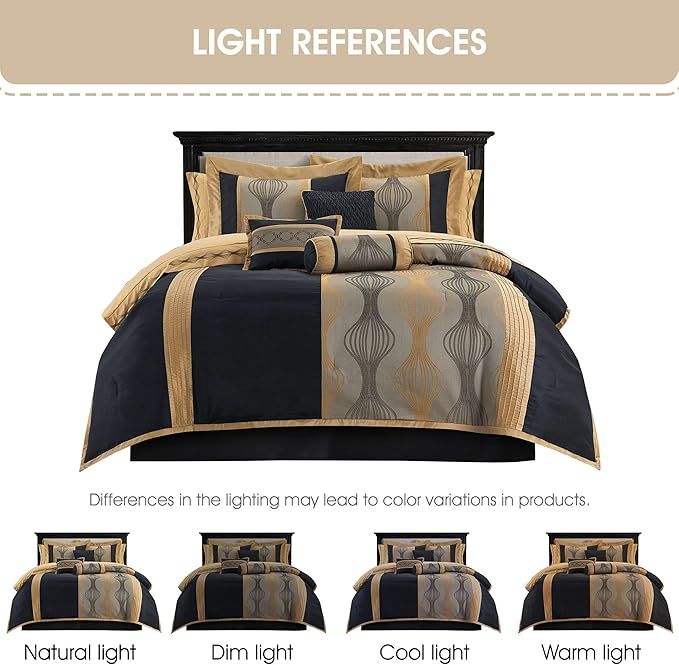 Grand Avenue Elegant Black and Gold Comforter Set Queen Size, Striped,15 Piece Room-in-A-Bag, Jacquard Bedding Set, All Season, Matching Decorative Pillows, Pillow Sham, Curtains