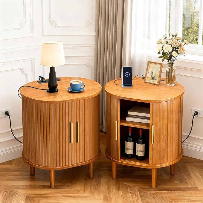DHH Mid Century Modern Nightstand with Charging Station, Fluted Accent Side Table with Sliding Door & Adjustable Shelf, End Table for Small Space, Living Room, Bedroom,Sofa Couch(1, Yellow)