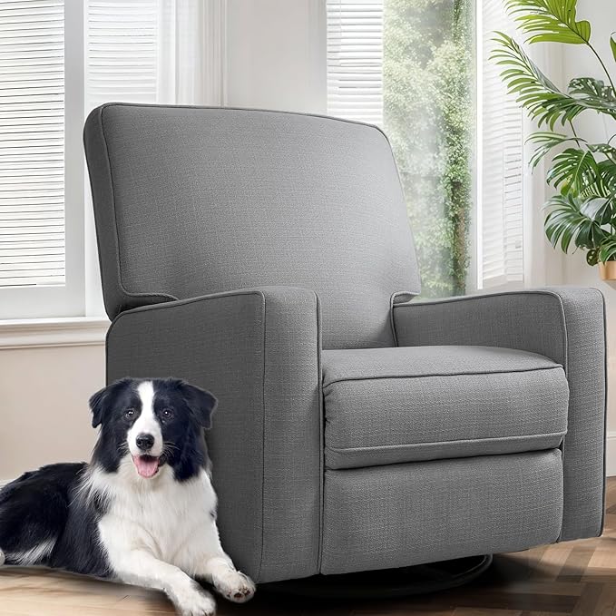 KeyEnergy Swivel Rocker Recliner Chair for Adults, High Back Fabric Recliner with Deep Seat, Manual Glider for Living Room & Nursery, Charcoal