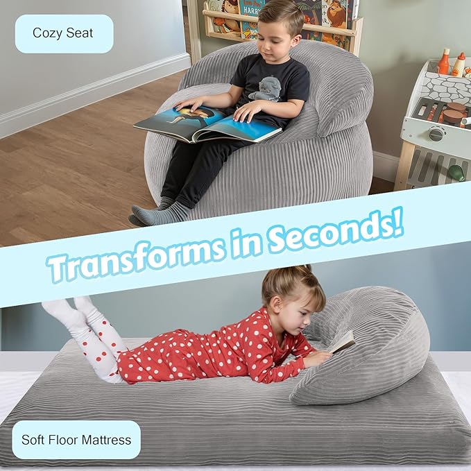 COMAX Bean Bag Chair for Kids, Convertible Toddler Beanbag Bed Corduroy, Children Bean Chair Stuffed to Floor Mattress with Filler, Light Grey