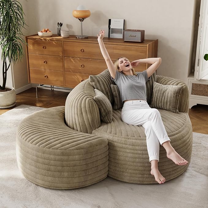 50" W Oversized Round Chaise Lounge Chair with Ottoman Indoor Boneless Plush Fluffy Corduroy Circle Couch Soft Comfy Cozy Cloud Reading Chair for Living Room, Playroom, Bedroom - Camel