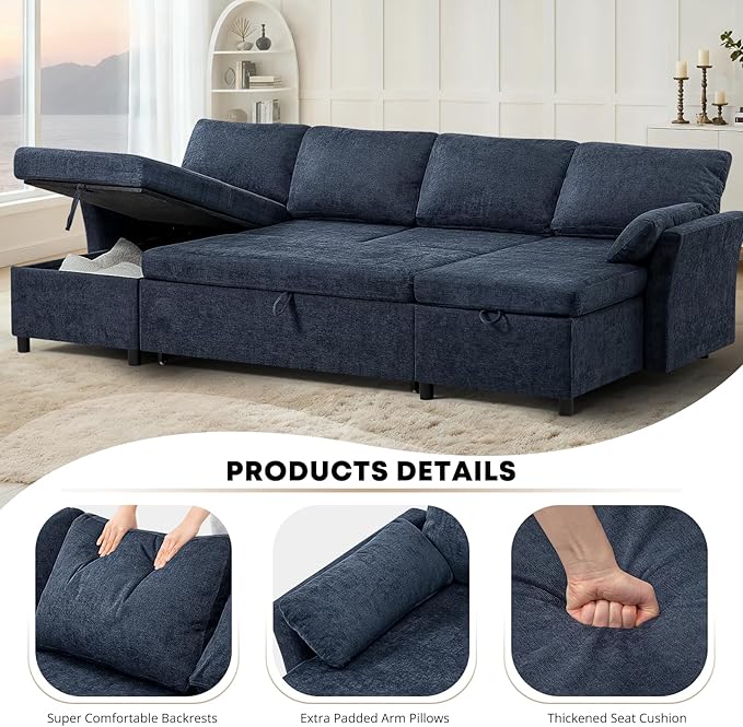 ACMEASE 107 Inches Fabric Sectional Sofa with Pull Out Sofa Bed, Modern U Shaped Sofa with Throw Pillows, Comfortable Sleeper Couch with Storage Chaise for Living Room, Blue