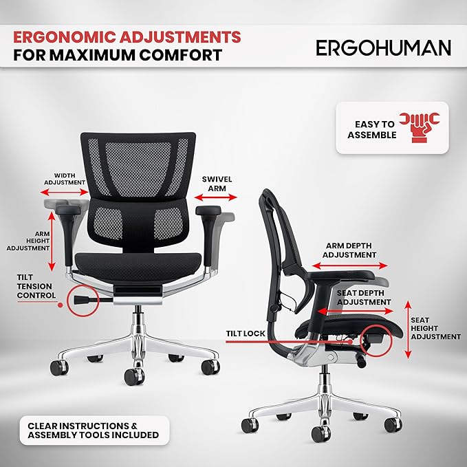 Ergohuman Eurotech ME3ERG-XTREME Mid Back Mesh Office Chair with Tilt Tension Control, Tilt Lock, Back Angle, Back Height, Synchro Tilt, Seat Height, Seat Depth, and Arm Height Adjustments