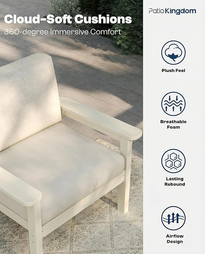 Patio Kingdom 7 Piece Patio Conversation Sets, Outdoor Couch with Washable Thick Beige Cushions, HDPE Patio Furniture Set, Outdoor Sectional Furniture for Backyard, Deck, Lawn, Porch (White Frame)