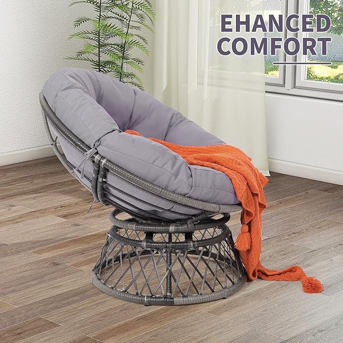 Kromax 40" Ergonomic Wicker Papasan Chair, 360° Swivel Round Egg Chair with Soft Thick Cushion, Indoor Outdoor Use for Living Room, Bedroom, Reading Room, Grey Frame with Light Grey Cushion
