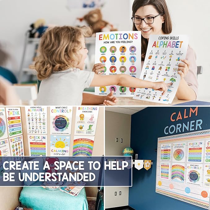 BEAWART 12 Calming Corner Classroom Posters (10x14) - Feelings Wheel Chart & Emotions Poster For Kids, Calm Down Corner Supplies For Therapy Office Decor, Mental Health Wall Decorations For Preschool