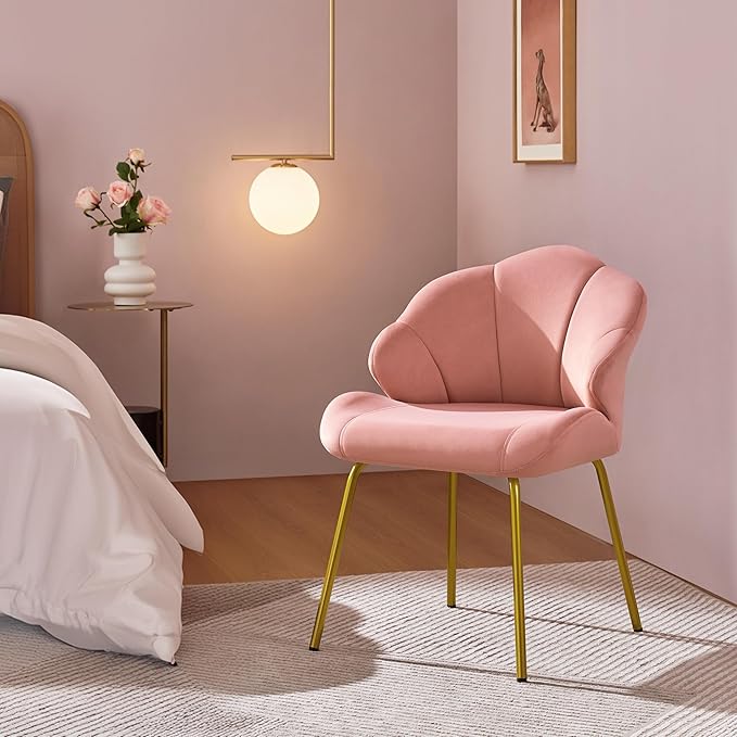 Yaheetech Vanity Chair, Velvet Accent Chair with Shell-Shaped Backrest, Modern Armchair with Gold Metal Legs for Dressing Room/Bedroom/Living Room, Pink