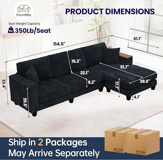 FurniMix 4-Seat Corduroy Sectional Sofa with Swappable Chaise, Soft Upholstery, Wide Seats & Armrest Storage,Black