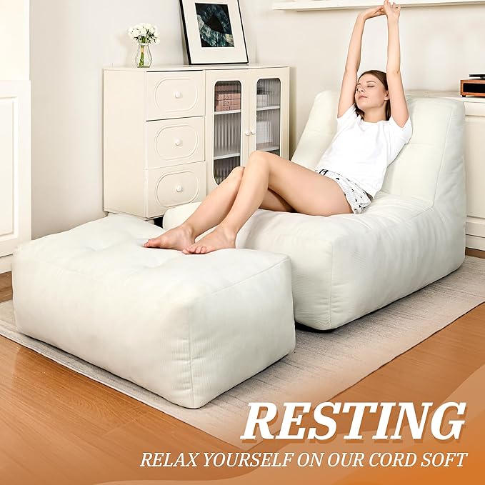 Bean Bag Chair with Ottoman, Giant Bean Bag Chairs for Adults with Memory Foam, Comfy Bean Bag Sofa for Bedroom, Lounge Beanbag of Reading and Gaming with Filler Included (Beige White)