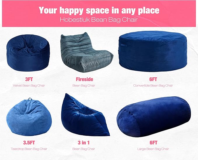 Hobestluk 6FT Bean Bag Chair Large Beanbag Lounger with Removable Cover Adult Bean Bag Chair with Portable Handle Desgin for Living Room Bedroom (Blue, 6FT)