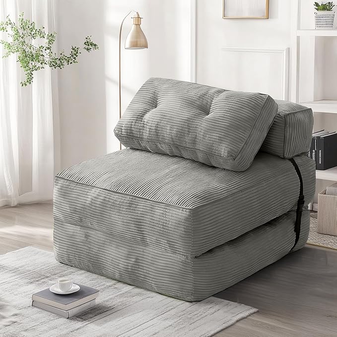 tantohom Folding Sofa Bed, Convertible Sleeper Chair with Pillow Foldable Mattress with Back Support,Space-Saving Sofa for Living Room,Bedroom (Gray)