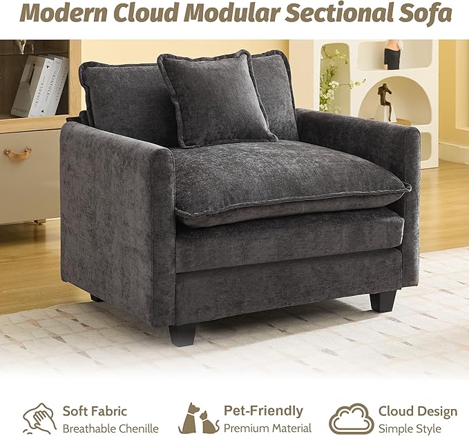 WUTUTUEE 41'' Modern Chenille Oversized Chair, Upholstered Accent Living Room Chair with Extra Thicked Deep Seat, Single Lounge Chair for Bedroom, Small Apartment, Dark Grey