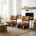 Brown Faux Leather Living Room Chairs Set of 2, Cozy Upholstered Armless Accent Chair for Bedroom, Black Wood Frame, Vintage Modern Lounge Reading Chair for Apartment Waiting Room Office