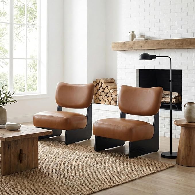 Brown Faux Leather Living Room Chairs Set of 2, Cozy Upholstered Armless Accent Chair for Bedroom, Black Wood Frame, Vintage Modern Lounge Reading Chair for Apartment Waiting Room Office