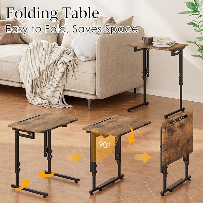 Fleecy day Adjustable Folding TV Tray Table,TV Dinner Small Foldable C-Shaped End Table for Eating,6 Height Adjustable Slide Under Couch Side with Sturdy MDF Top,No Assembly(Brown,2Pcs)