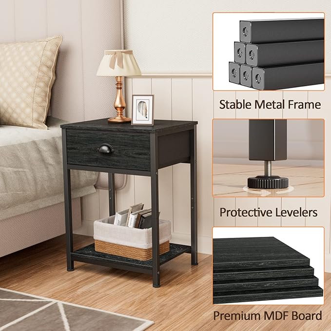 Furologee Nightstand with Fabric Drawer & Storage Shelf, Small Side Table for Small Space, 2 Tiers Industrial End Table for Living Room, Bedroom, Black Oak
