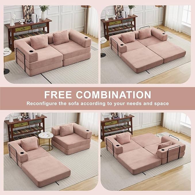 78" Loveseat Sleeper Sofa, 4 in 1 Convertible Floor Sofa Bed, Boneless Cloud Couch with Cup Holder, Fold Out Floor Couch for Living Room Bedroom Lounge, Corduroy, Pink