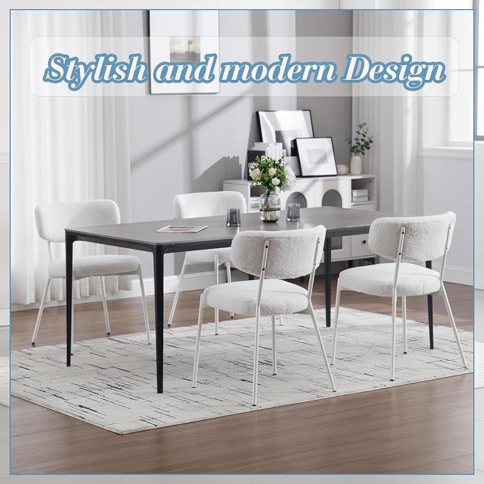 KCC Boucle Dining Chairs Set of 6, Modern Mid-Century Upholstered Stylish Kitchen Chairs Sherpa Accent Diner Chairs with Metal Legs and Curved Back for Kitchen, Dining Room(White)