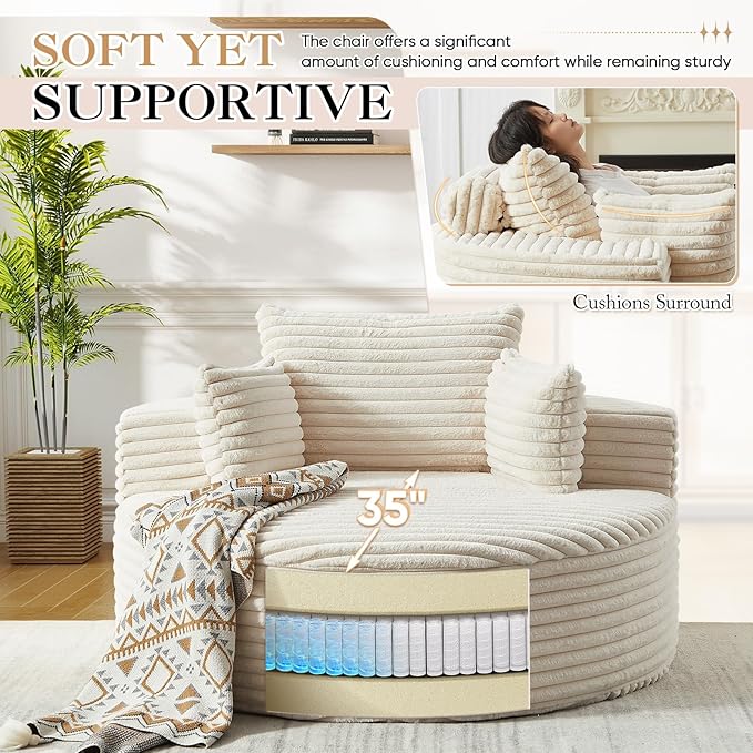 JEEOHEY Modern Round Accent Sofa Chair for Living Room, Upholstered Corduroy Barrel Lounge Arm Chair with Large seat&Throw Pillows for Bedroom, Office, Apartment, Beige