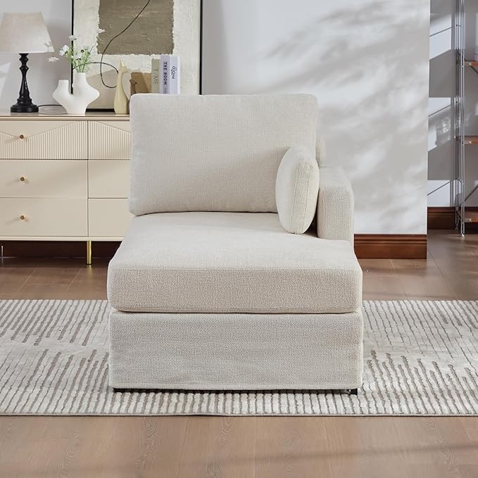 KEIKI 60" Chaise Lounge Chair Indoor, Modern Deep Seat Sofa Bed, Corduroy Couch with Cushions, Single Sleeper Chair for Living Room, Bedroom, Apartments, Ivory (Right Side)