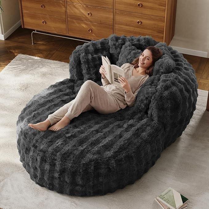 55" W Oversized Round Chaise Lounge Chair with Ottoman Indoor Boneless Faux Fur Plush Fluffy Circle Couch Soft Comfy Cozy Cloud Reading Chair with 5 Pillows for Living Room, Playroom, Bedroom - Grey