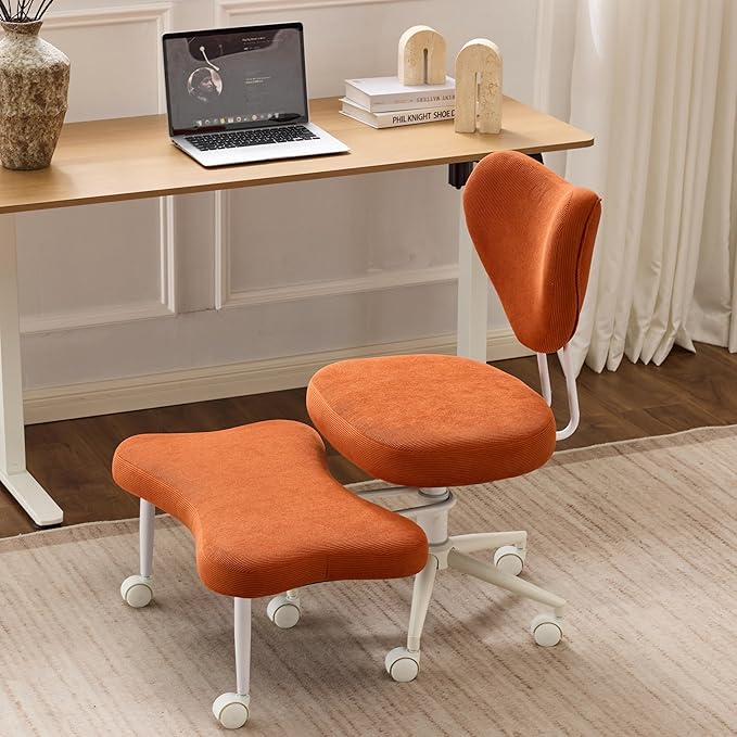 Meditation Chair with Lumbar Support, Ergonomic Floor Sitting Chair Adjustable Height, Cross Legged Chair for Office, Yoga & Mindfulness, Cushioned Seat with Wheels (Orange)