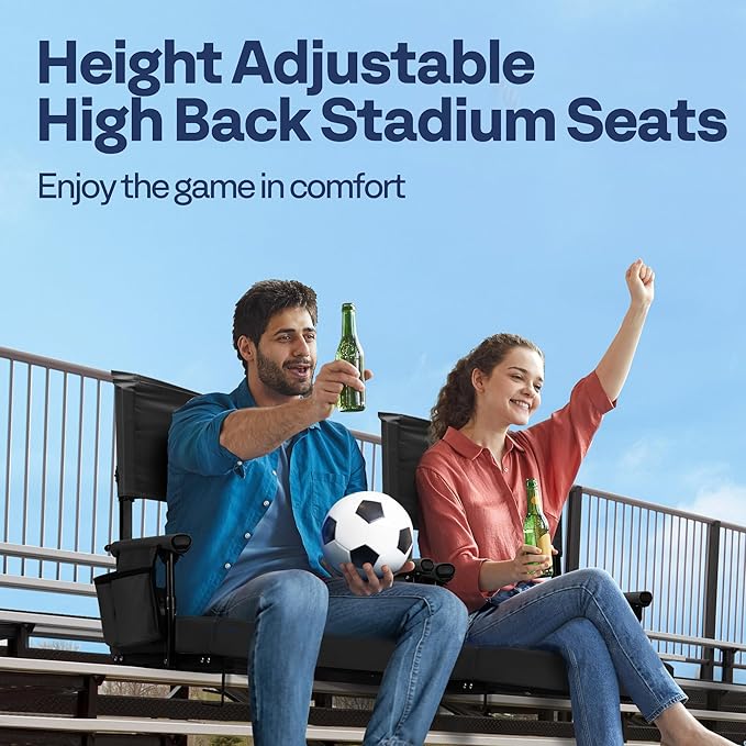 VIVOHOME Height Adjustable High Back Stadium Seats with Back Support and Cushion, 2 Pack Portable Bleacher Chairs with Cup Holder and Shoulder Strap, Black