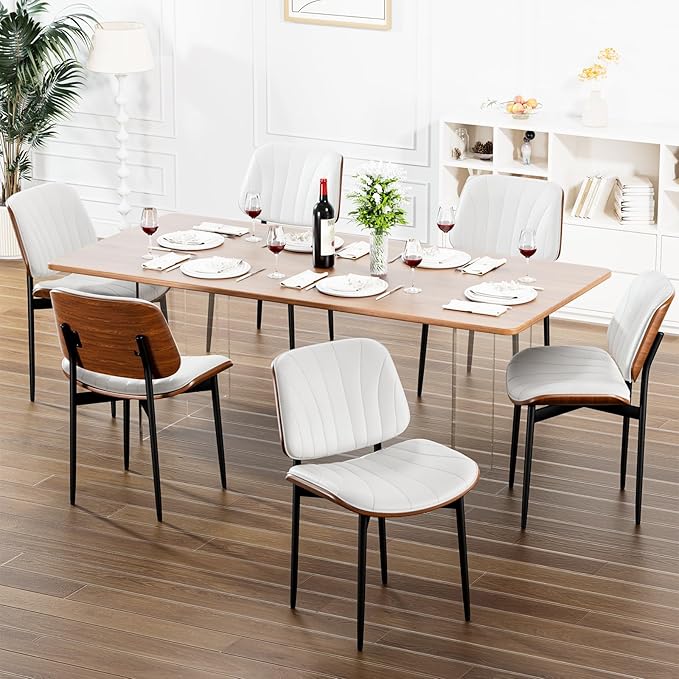 YaFiti Dining Chairs Set of 4, Dining Room and Kitchen Chairs, FSC Certified Mid Century Modern Accent Chair, Upholstered PU Leather Chairs for Vanity with Walnut Bentwood and Metal Legs, White