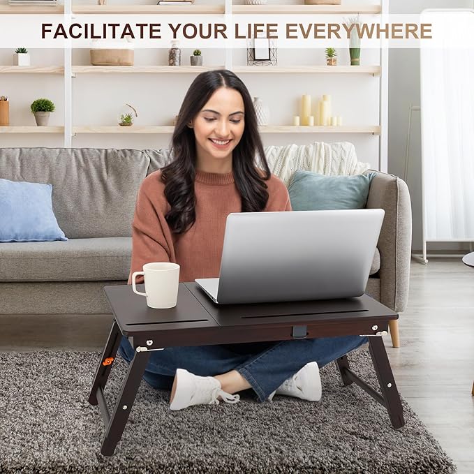 Nnewvante Laptop Desk, Height & Angle Adjustable Lap Desk Bed Tray Table, Foldable Laptop Table with Drawer, Mouse Pad, Tablet & Phone Slots for Working Reading Writing Eating, Black Walnut