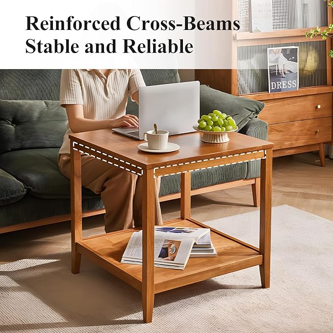 Cttasty Side Table, Solid Wood Square End Table with Storage Shelf, 2-Tier Coffee Table for Living Room, Rubber Wood Small Sofa Table, Nightstand 23.62 H x 23.62 W x 23.62 D Inches (Natural)