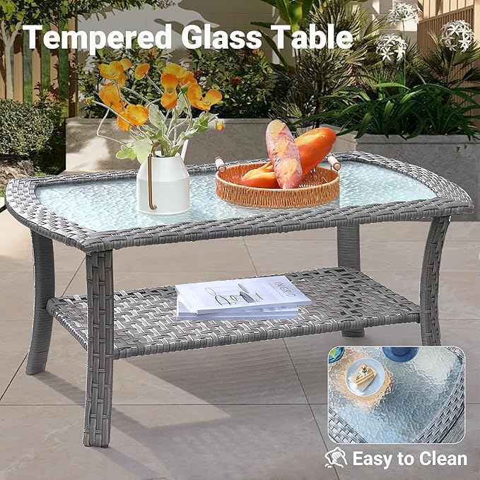 ovios 2 Pieces Patio Furniture Set, Outdoor Wicker Sofa with Glass Coffee Table, All Weather High Back Rattan Loveseat Couch 2 Seats with Comfy Cushions, Beige