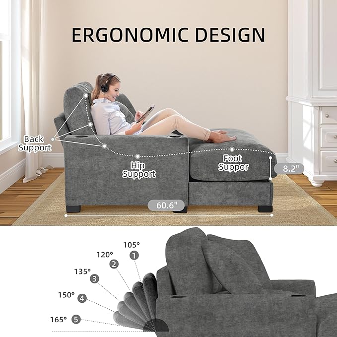 Oversized 60" Chaise Lounge Sofa, Chaise Lounge Recliner with Adjustable Backrest, Built-in Cup Holder USB and Type-C Port, 2 Pillows, Sleeper Couch with Deep Seat for Living Room, Bedroom, Gray