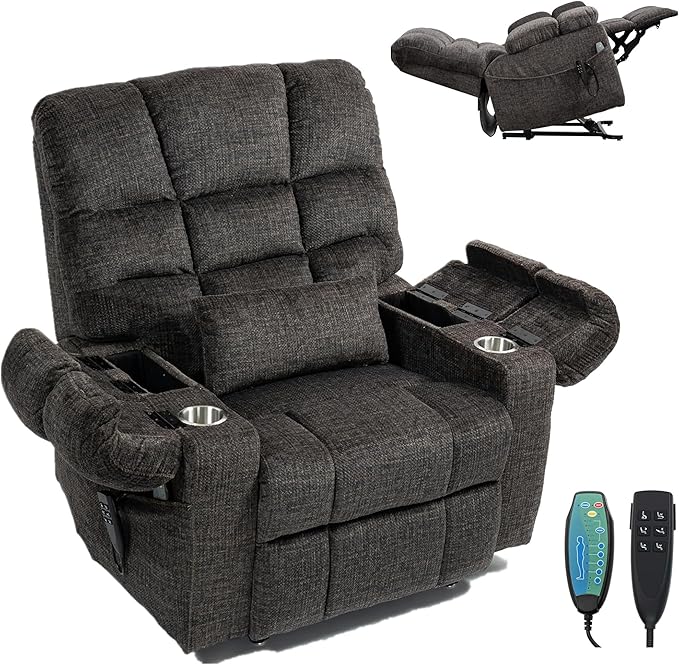 Triple Motor Zero Gravity Power Lift Recliner Chair for Elderly, Extra Wide Lay Flat Recliner with Lifts Vertically, Legs Elevated Above The Heart, Heat Massage, Arm Storage & Cup Holders