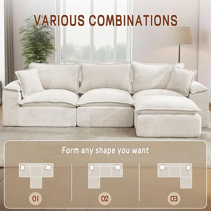 Korser 122" Sectional Couches for Living Room, Modular Boneless Sofa, Cloud Sofa, Fluffy Cushions, Double-Layer Cushioned, with Convertible Ottoman