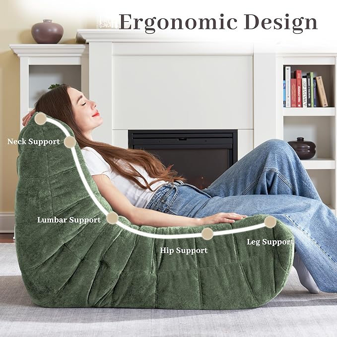 HABUTWAY Bean Bag Chair, Giant Bean Bag Chairs for Adults, Loveseat Fireside Chair, 2 Seater Lazy Bean Bag Sofa Memory Foam Couch for Living Room, Bedroom, Office (Green)