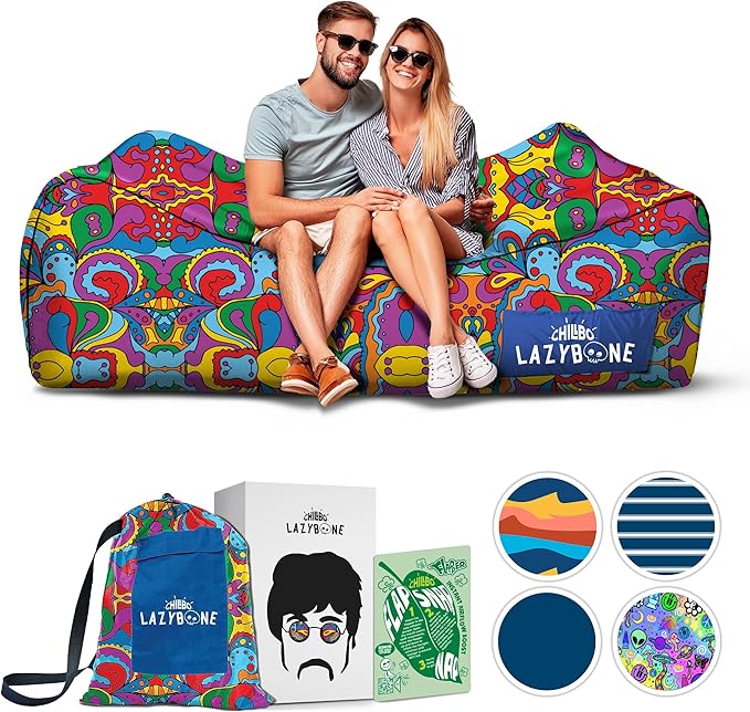 Chillbo LazyBone Inflatable Couch – Quick-Inflation Flapper System, Fun Prints, No-Pump Setup, Ripstop Polyester, Portable Air Lounger for Beach, Camping, Festivals, & Hiking