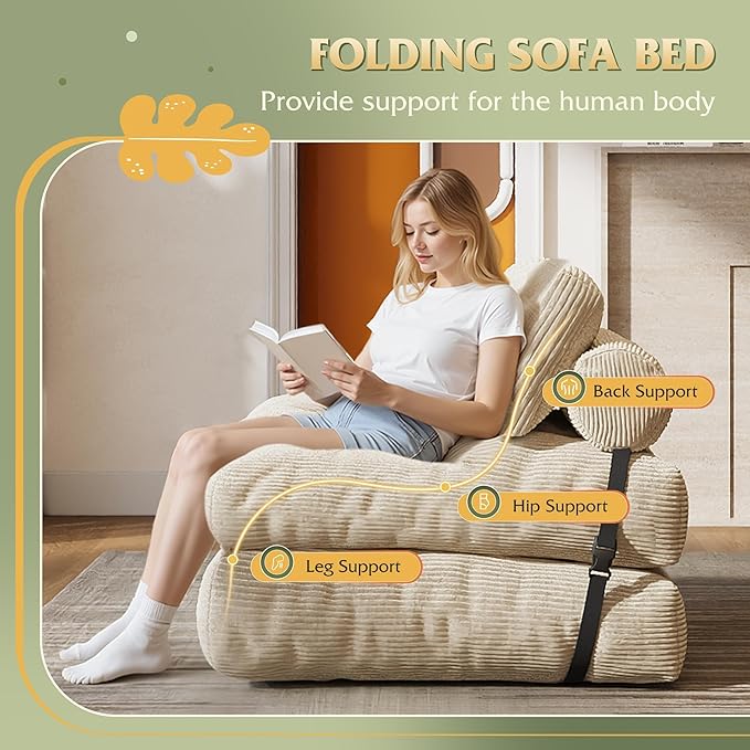 WLIVE Sofa Bed, Bonless Couch, Bean Bag Chairs for Adults, Pull Out Couch, with Pillow, for Living Room Dorm Bedroom, Beige