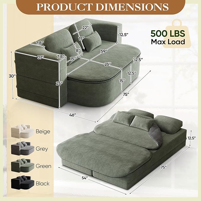 Antetek Convertible Sleeper Sofa, Modern Folding Futon Corduroy Floor Foam Compression Loveseat Sofa Bed Couch, Foldable Full Size Guest Bed with 4 Pillows for Living Room Bedroom Apartment, Green